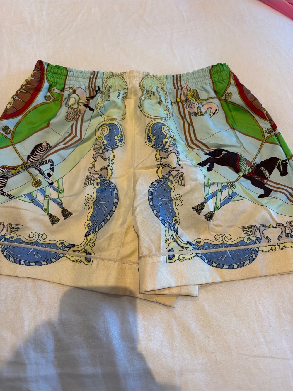 Tory Burch Cream Carousel-Print SilkShorts with Green & Blue Accents